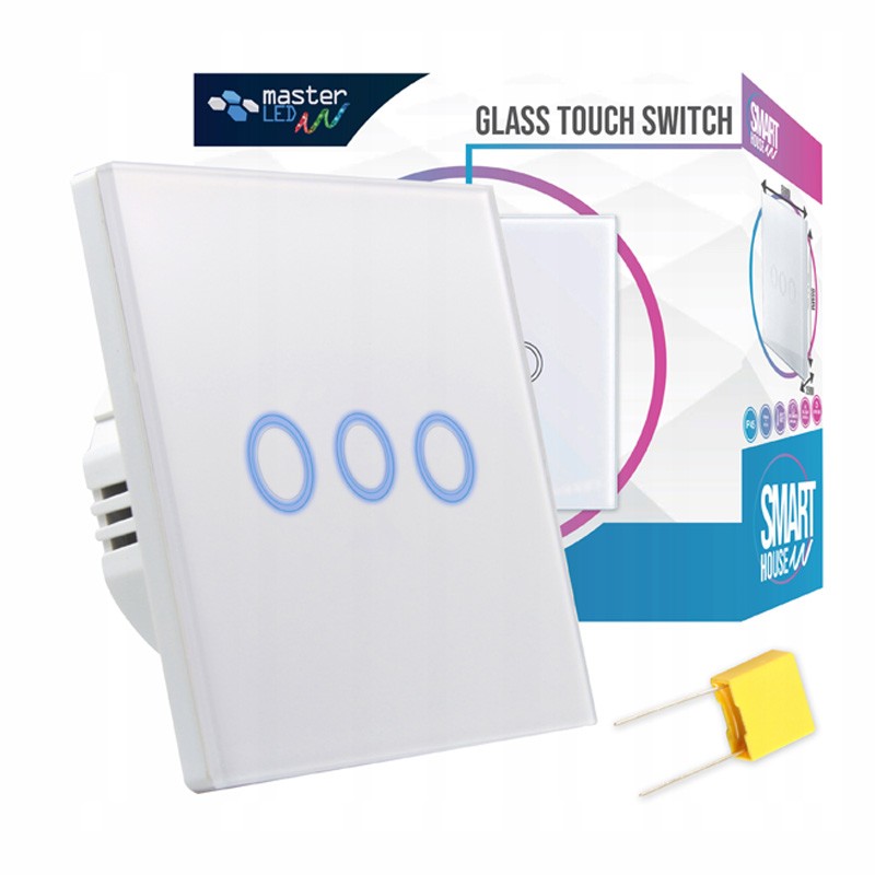 Intrerupator triplu, comutator tactil LED, IP45, sticla securizata, 86 x 86 x 35 mm, alb - imagine 4